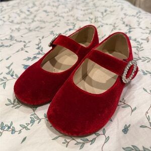 Elegant Red Velvet Kids Shoes with Rhinestone Buckle